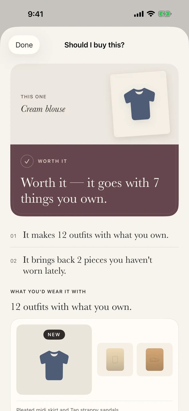 The Should I buy this? screen explaining its verdict using the sample closet’s existing pieces and outfits.