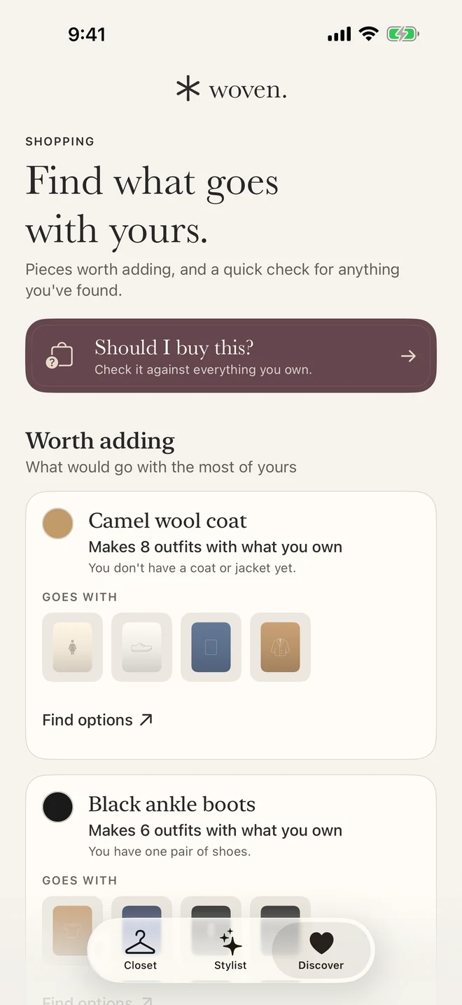 Discover in the app: Worth adding suggestions, the clothes each goes with, and Find options. Sample closet; no retailer listings are shown.