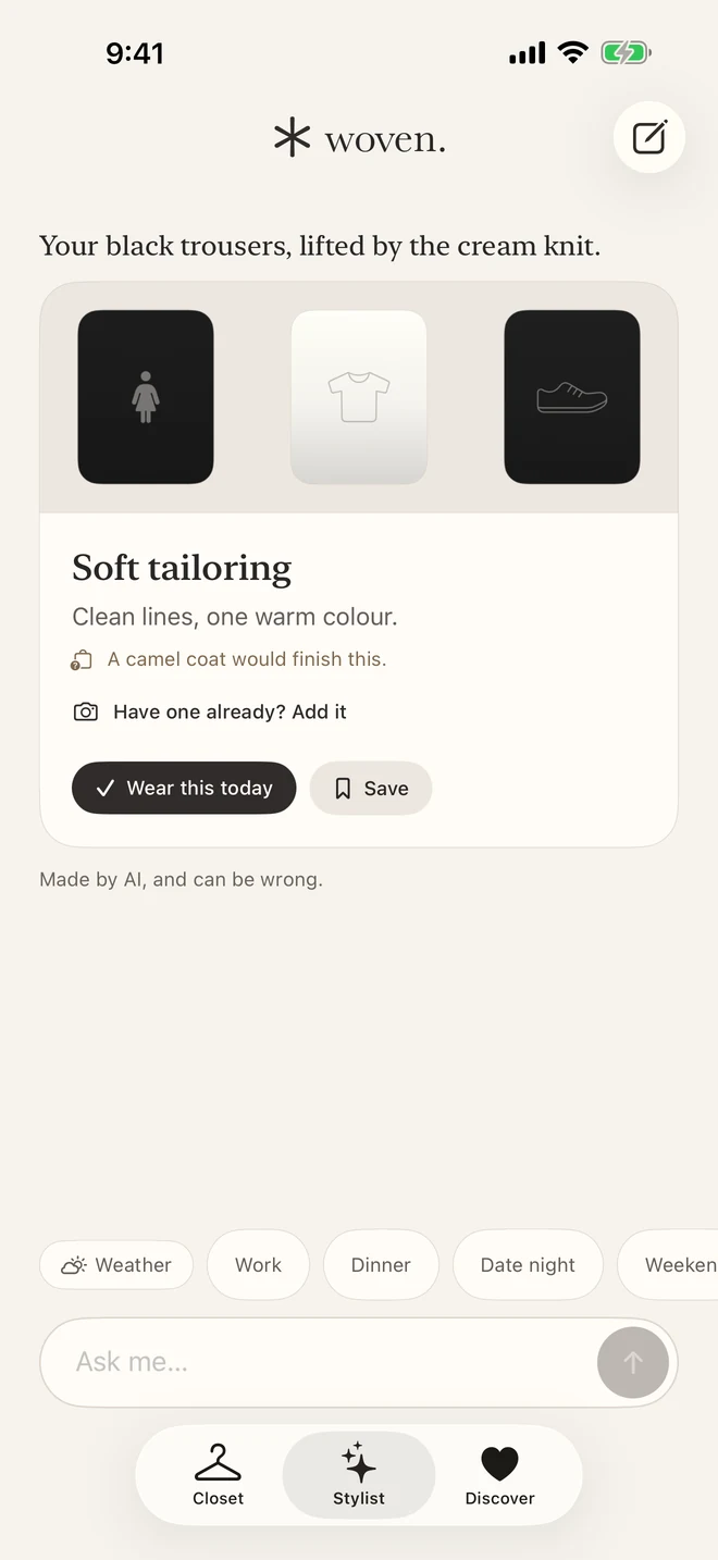 Woven’s stylist explaining a Soft tailoring outfit, with Wear this today, Save, and a place to ask a question. Sample garment thumbnails.