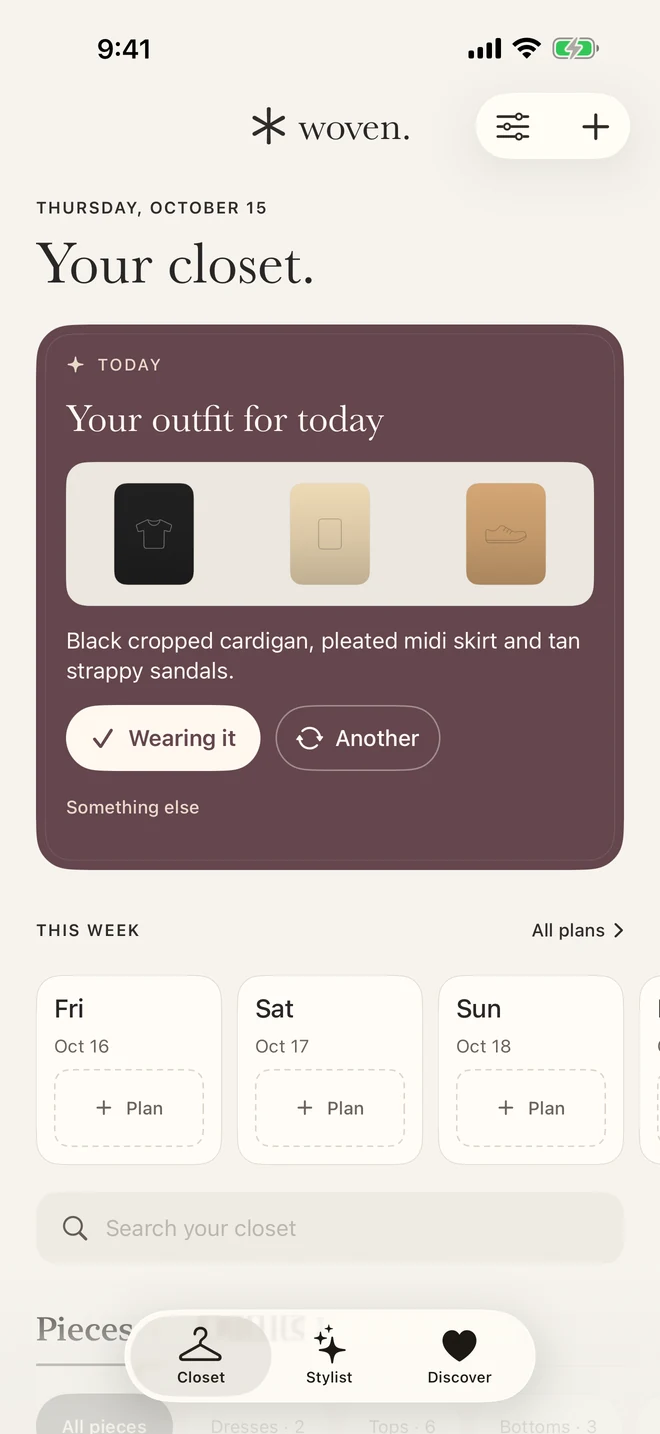 Woven’s Closet tab, showing a suggested outfit, Wearing it and Another, and the week ahead. Sample closet with placeholder garment thumbnails.